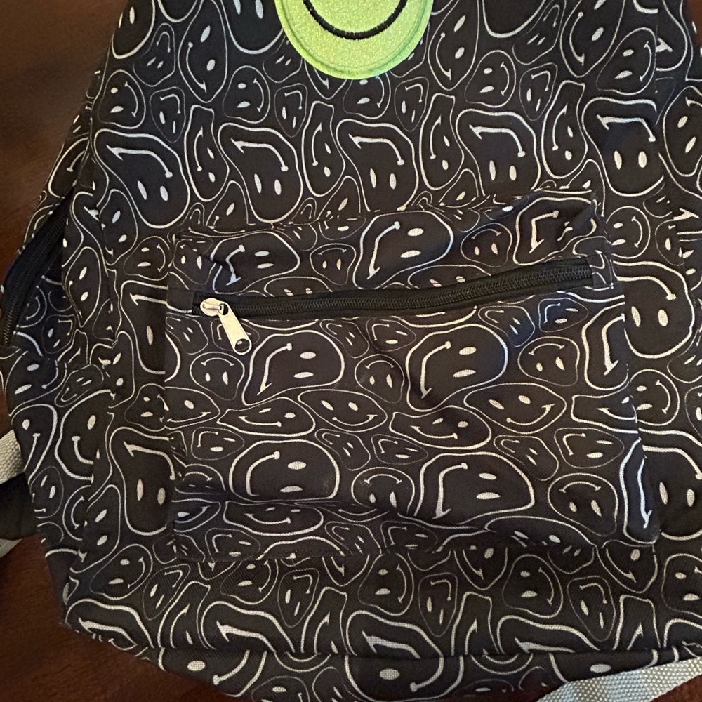 Black And White Patterned Backpack With Smiley Fa… - image 3